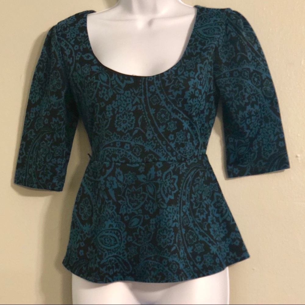 Black & Turquoise Scoop Neck Peplum Stretch Blouse